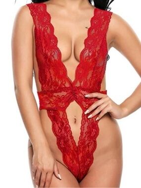 💎 NEW 💎 Red Lace Deep V Teddy Bodysuit Size Large 💎